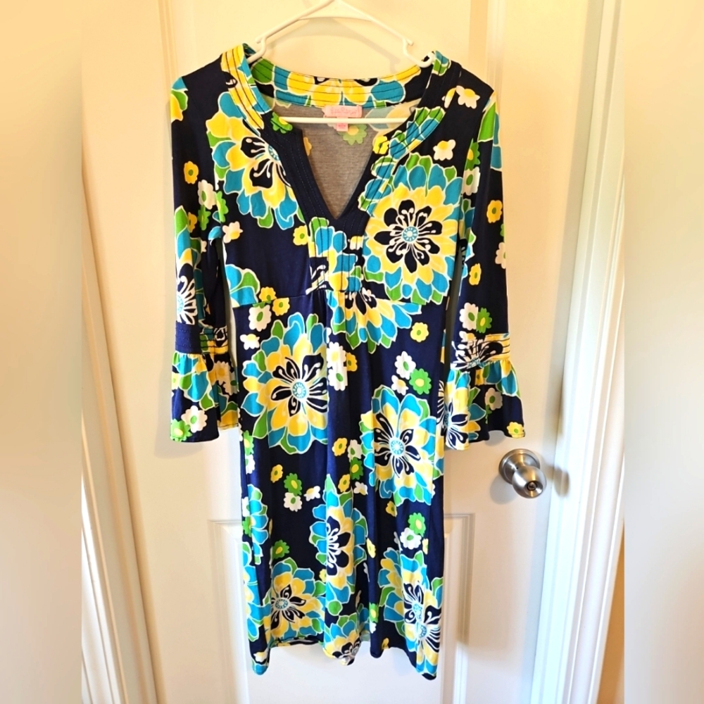 Lilly Pulitzer Blue Green Flower Dress Small 3/4 Bell Sleeve Silk Cotton Cruise